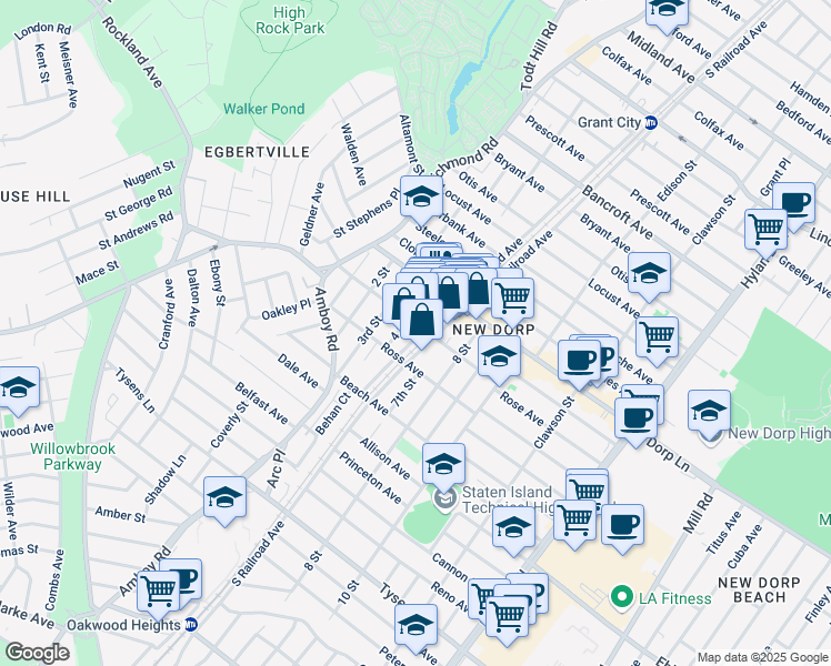 map of restaurants, bars, coffee shops, grocery stores, and more near 73 New Dorp Plaza in Staten Island