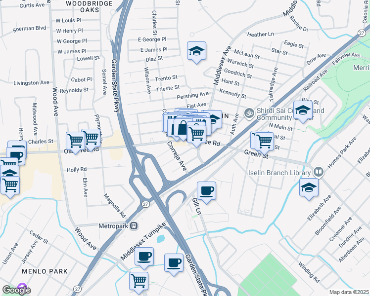 map of restaurants, bars, coffee shops, grocery stores, and more near 1367 Oak Tree Road in Woodbridge Township