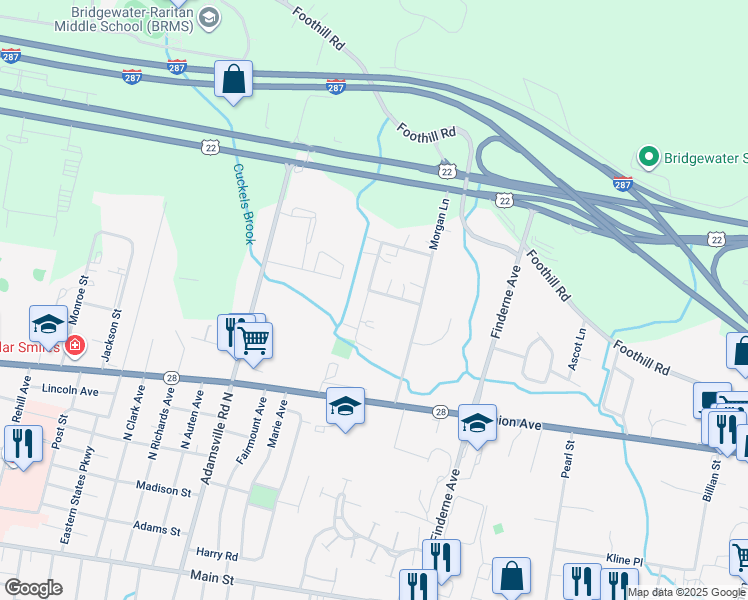 map of restaurants, bars, coffee shops, grocery stores, and more near 3 Columbia Drive in Bridgewater