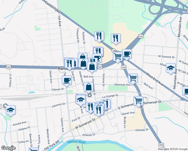 map of restaurants, bars, coffee shops, grocery stores, and more near 626 Thompson Street in Raritan