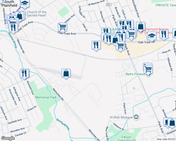 map of restaurants, bars, coffee shops, grocery stores, and more near 501 Kentile Road in South Plainfield