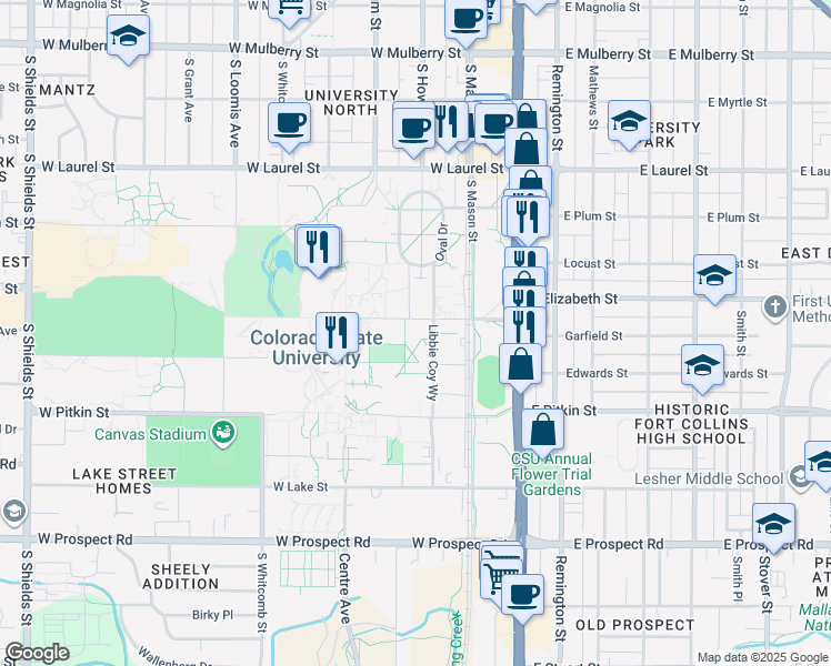 map of restaurants, bars, coffee shops, grocery stores, and more near 301 University Avenue in Fort Collins