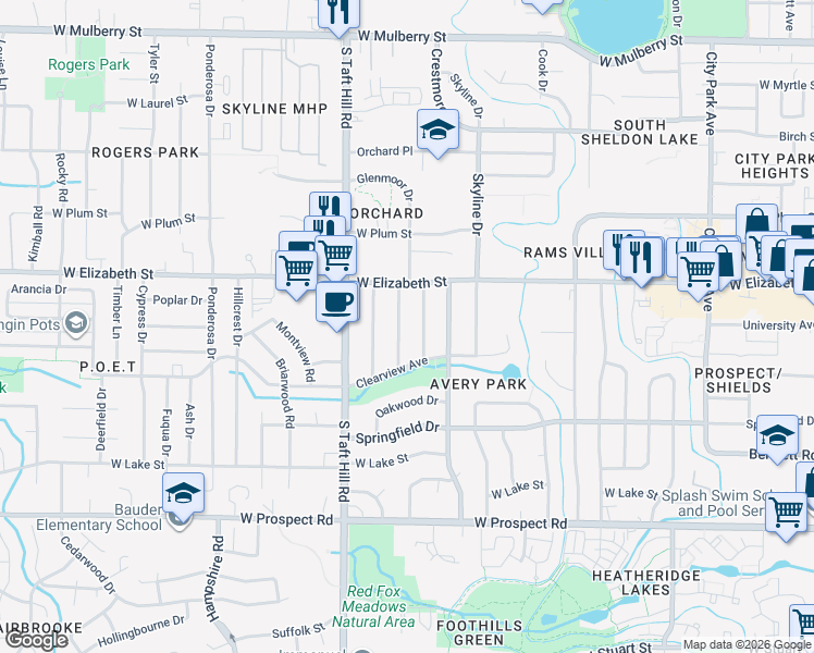 map of restaurants, bars, coffee shops, grocery stores, and more near 1020 Glenmoor Drive in Fort Collins