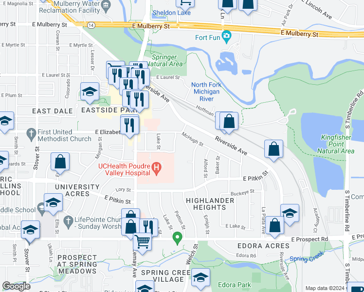 map of restaurants, bars, coffee shops, grocery stores, and more near 1020 Patton Street in Fort Collins