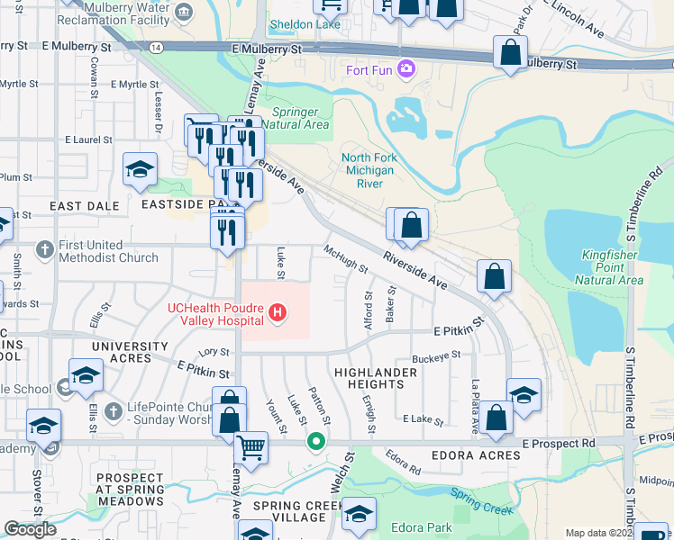 map of restaurants, bars, coffee shops, grocery stores, and more near 1014 McHugh Street in Fort Collins