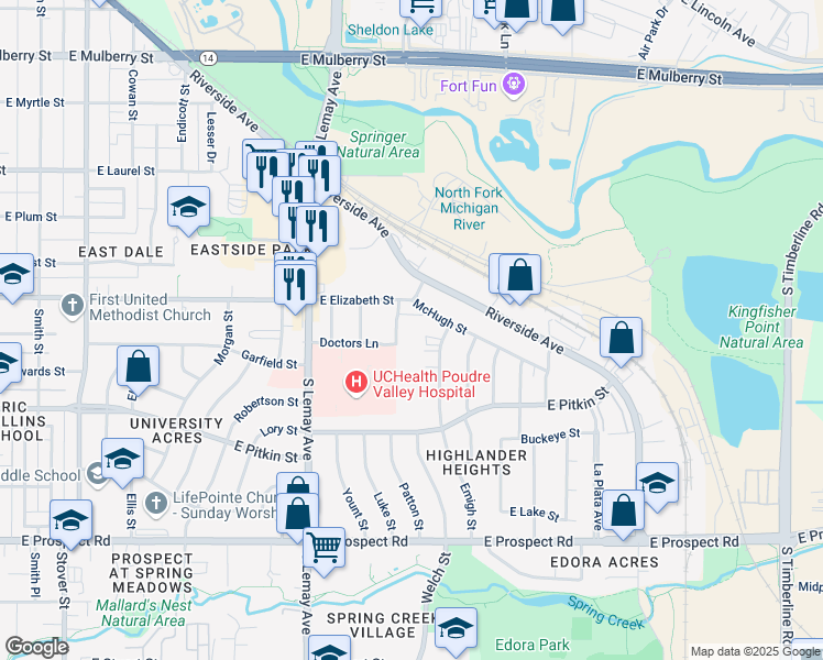 map of restaurants, bars, coffee shops, grocery stores, and more near 1020 Patton Street in Fort Collins