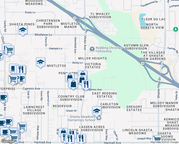 map of restaurants, bars, coffee shops, grocery stores, and more near 2351 Victor Avenue in Redding