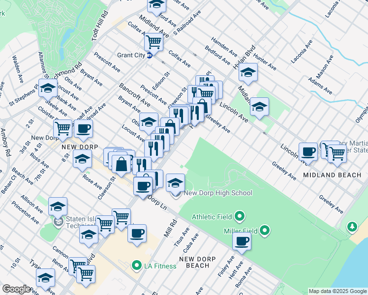 map of restaurants, bars, coffee shops, grocery stores, and more near 318 Bryant Avenue in Staten Island
