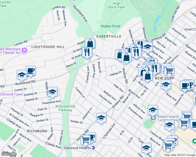 map of restaurants, bars, coffee shops, grocery stores, and more near 79 Ebony Street in Staten Island
