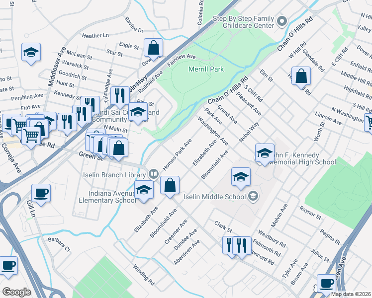 map of restaurants, bars, coffee shops, grocery stores, and more near 68 Homes Park Avenue in Woodbridge Township