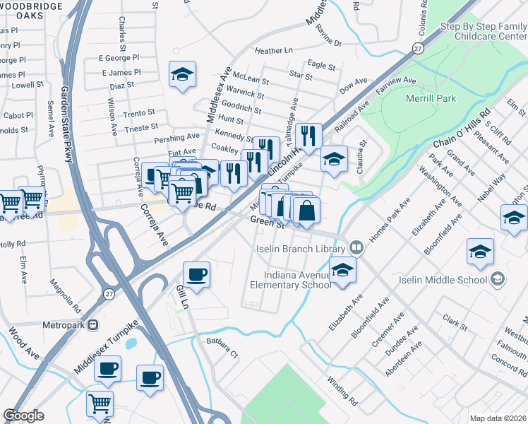 map of restaurants, bars, coffee shops, grocery stores, and more near 1222 Green Street in Woodbridge Township