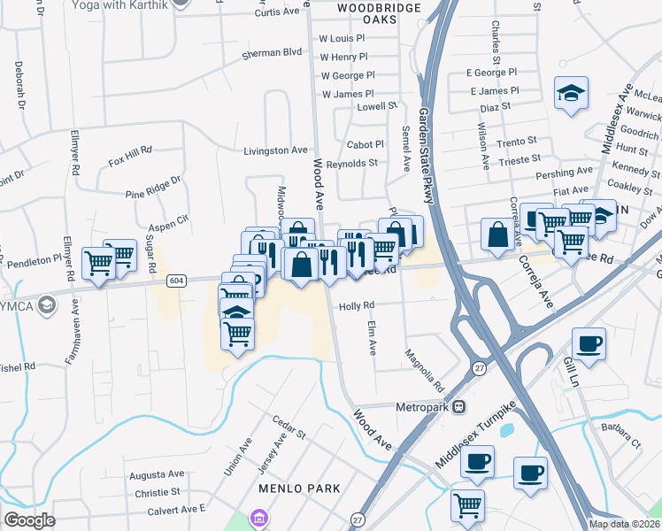 map of restaurants, bars, coffee shops, grocery stores, and more near 44 Adams Street in Woodbridge Township