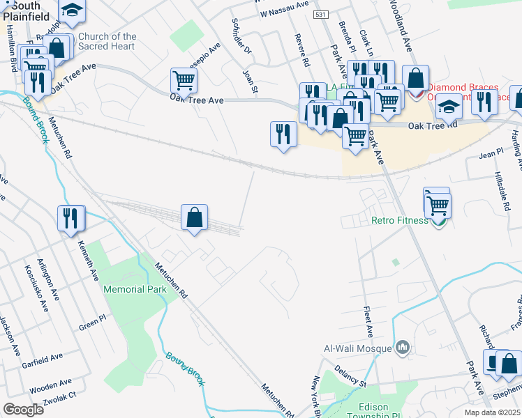 map of restaurants, bars, coffee shops, grocery stores, and more near 501 Kentile Road in South Plainfield