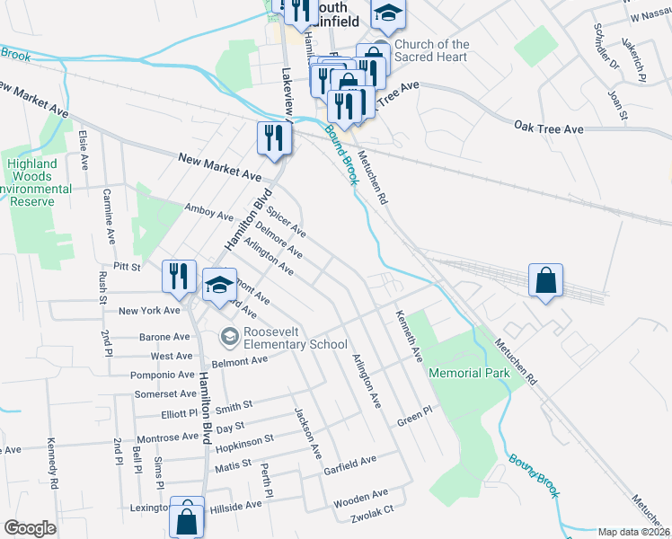 map of restaurants, bars, coffee shops, grocery stores, and more near 237 Delmore Avenue in South Plainfield