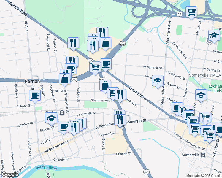 map of restaurants, bars, coffee shops, grocery stores, and more near 31 U.S. 206 in Raritan