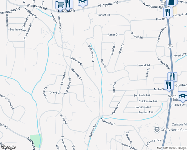 map of restaurants, bars, coffee shops, grocery stores, and more near 9277 North Florence Road in Pittsburgh