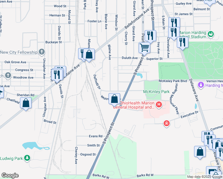 map of restaurants, bars, coffee shops, grocery stores, and more near 839 Blaine Avenue in Marion