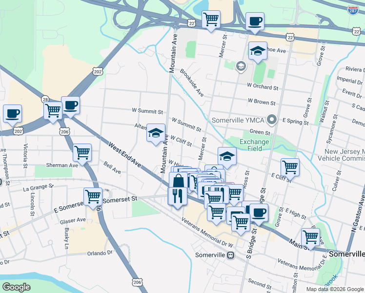map of restaurants, bars, coffee shops, grocery stores, and more near 160 West Cliff Street in Somerville
