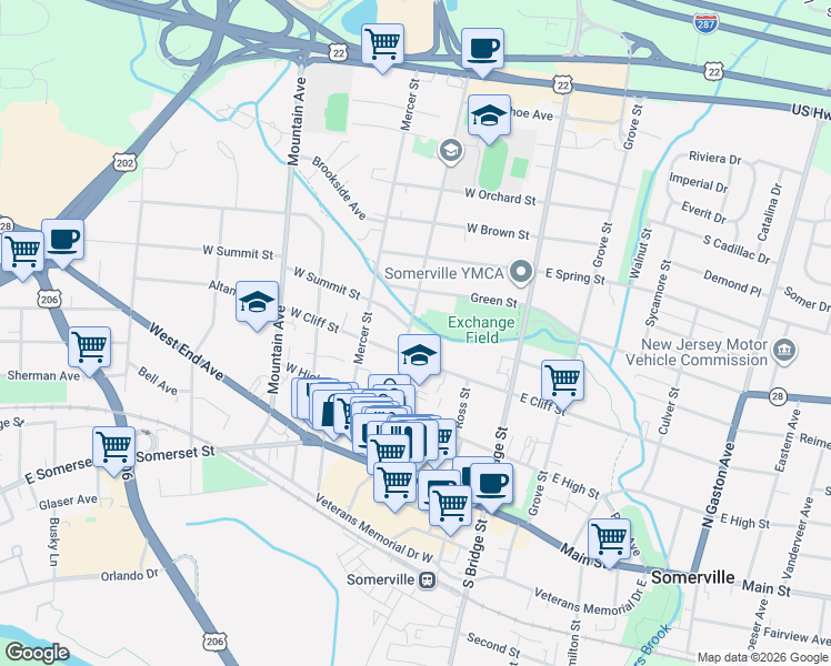 map of restaurants, bars, coffee shops, grocery stores, and more near 102 Davenport Street in Somerville
