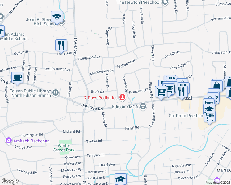 map of restaurants, bars, coffee shops, grocery stores, and more near 27 Lynnwood Road in Edison