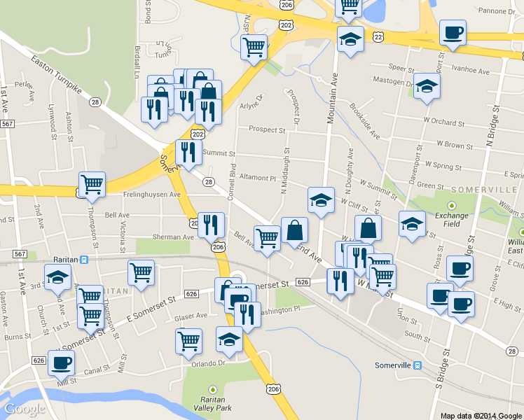 map of restaurants, bars, coffee shops, grocery stores, and more near 142 West End Avenue in Somerville