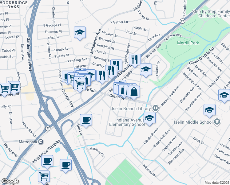 map of restaurants, bars, coffee shops, grocery stores, and more near 1222 Green Street in Woodbridge Township