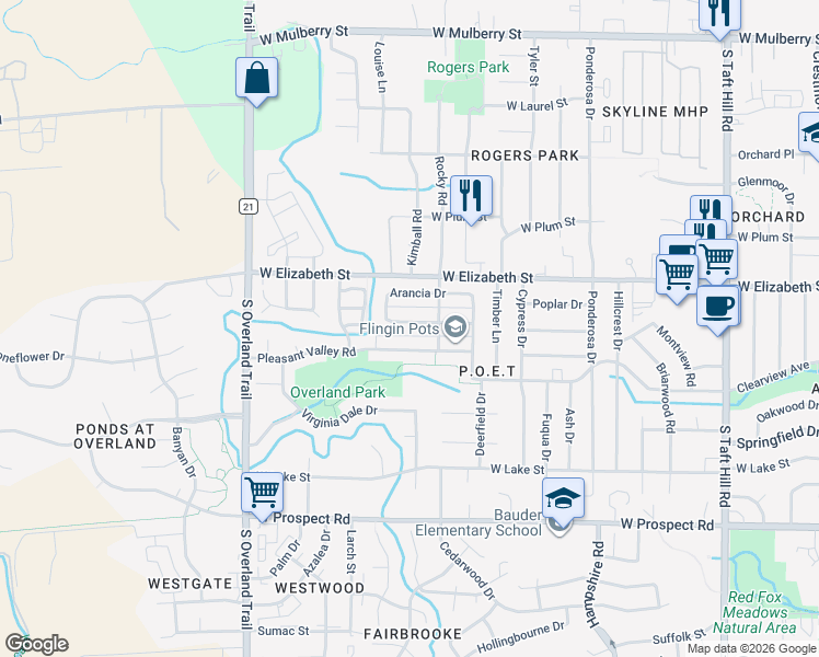 map of restaurants, bars, coffee shops, grocery stores, and more near 2727 Bianco Drive in Fort Collins
