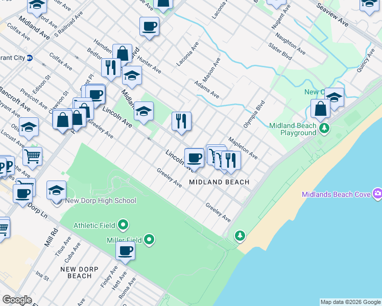 map of restaurants, bars, coffee shops, grocery stores, and more near 512 Midland Avenue in Staten Island