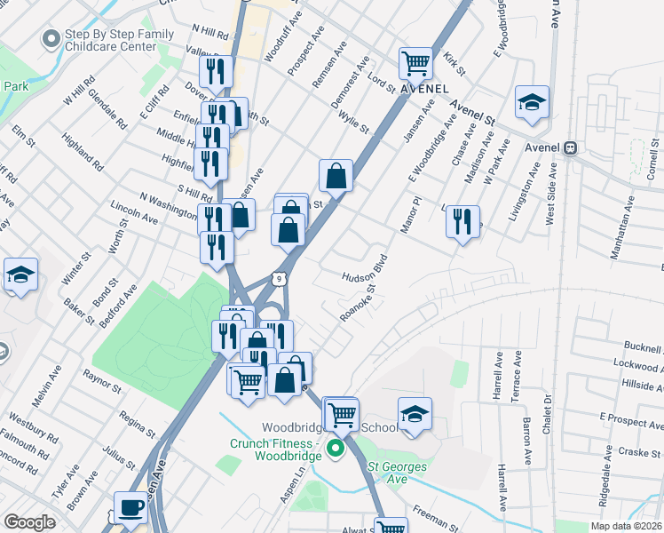 map of restaurants, bars, coffee shops, grocery stores, and more near 399 Hudson Boulevard in Woodbridge Township