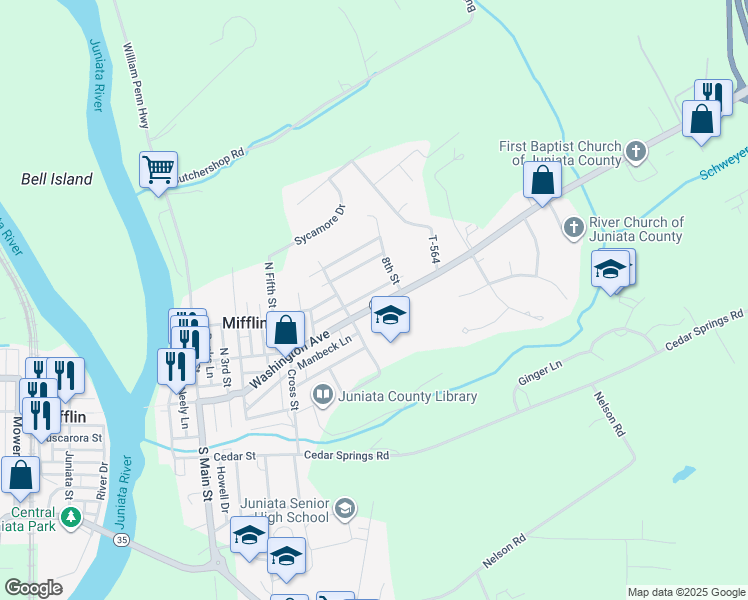 map of restaurants, bars, coffee shops, grocery stores, and more near 23293 Washington Avenue in Mifflintown