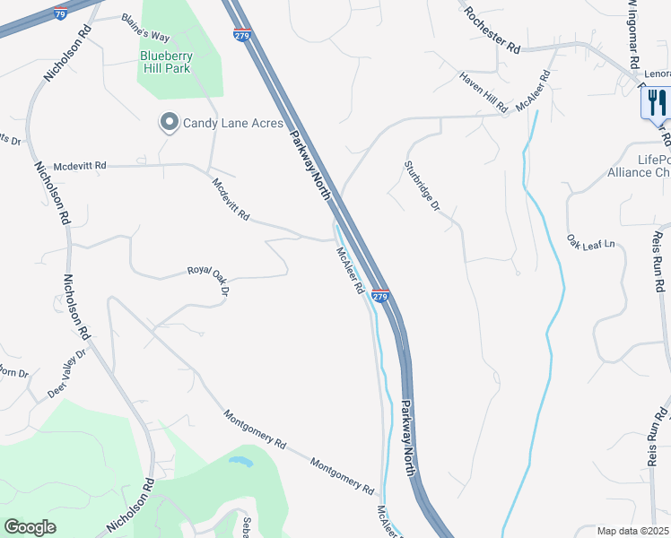 map of restaurants, bars, coffee shops, grocery stores, and more near 2281 McAleer Road in Sewickley