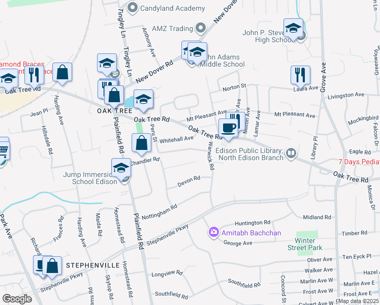map of restaurants, bars, coffee shops, grocery stores, and more near 25 Peru Street in Edison
