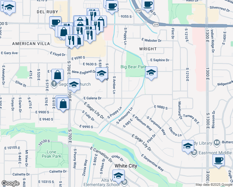 map of restaurants, bars, coffee shops, grocery stores, and more near 9811 South Amber Lane in Sandy