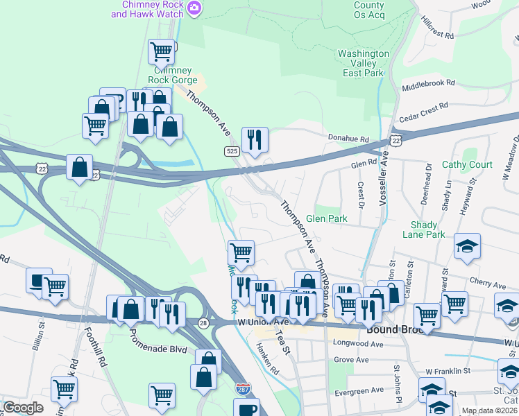 map of restaurants, bars, coffee shops, grocery stores, and more near 219 Stratford Place in Bound Brook