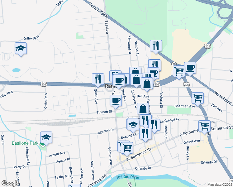 map of restaurants, bars, coffee shops, grocery stores, and more near in Raritan