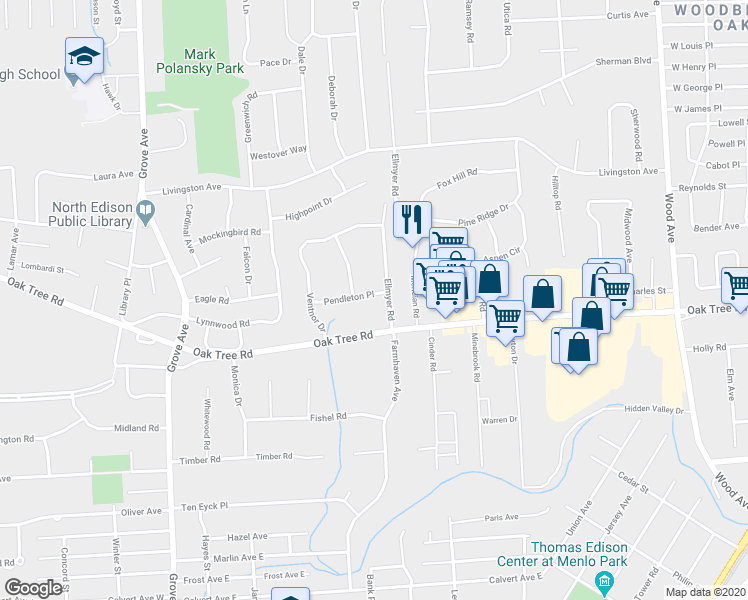 map of restaurants, bars, coffee shops, grocery stores, and more near 14 Pendleton Place in Edison