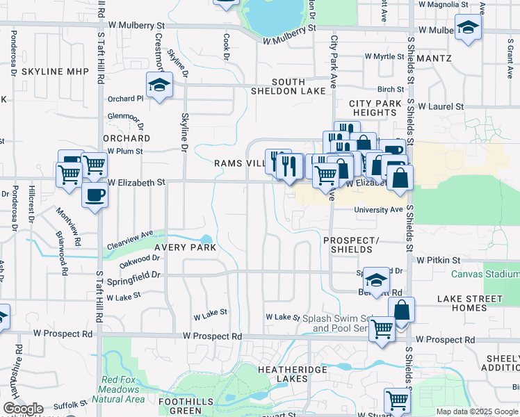 map of restaurants, bars, coffee shops, grocery stores, and more near 1121 South Bryan Avenue in Fort Collins