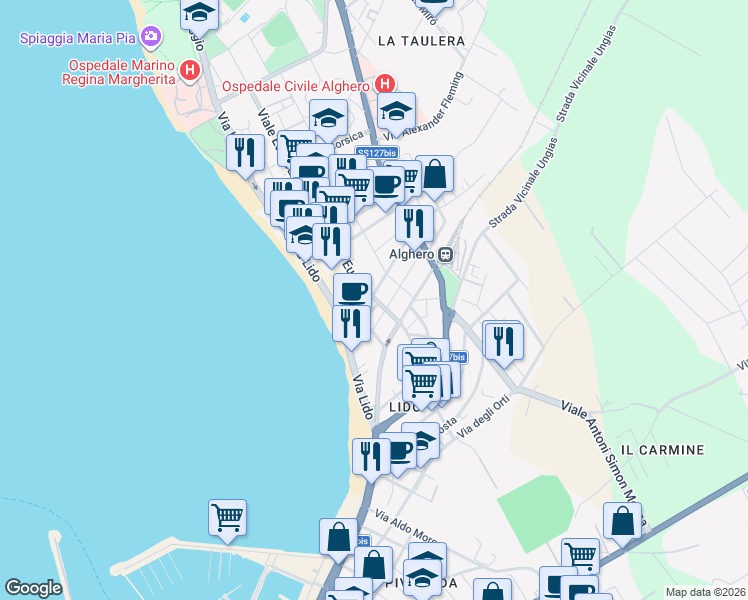 map of restaurants, bars, coffee shops, grocery stores, and more near 14 Viale Europa in Alghero