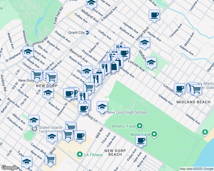 map of restaurants, bars, coffee shops, grocery stores, and more near 318 Bryant Avenue in Staten Island