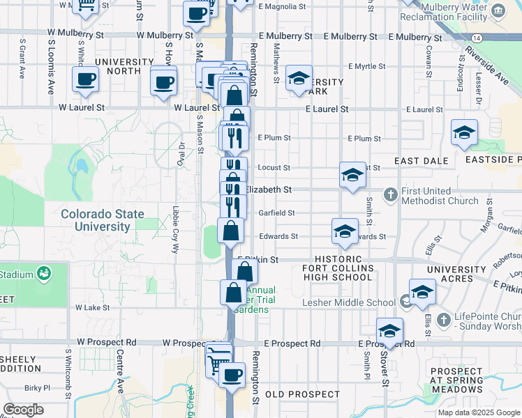 map of restaurants, bars, coffee shops, grocery stores, and more near 206 Garfield Street in Fort Collins