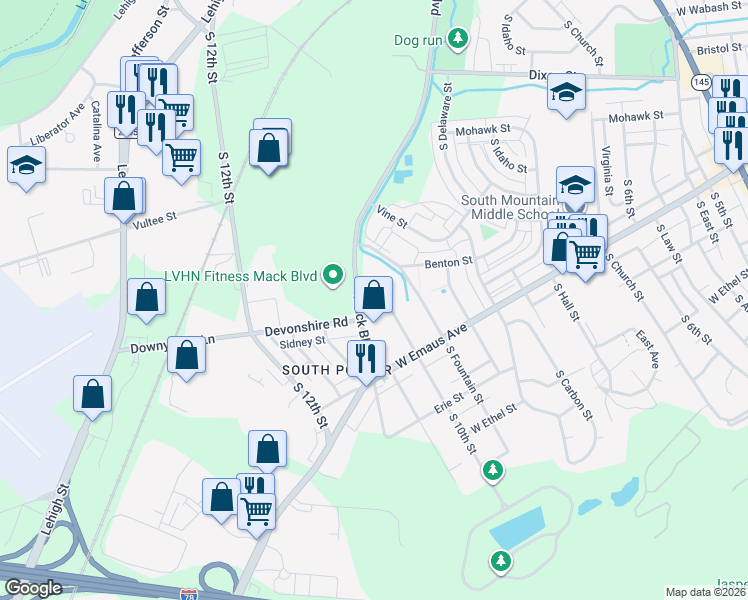 map of restaurants, bars, coffee shops, grocery stores, and more near 947 Devonshire Road in Allentown