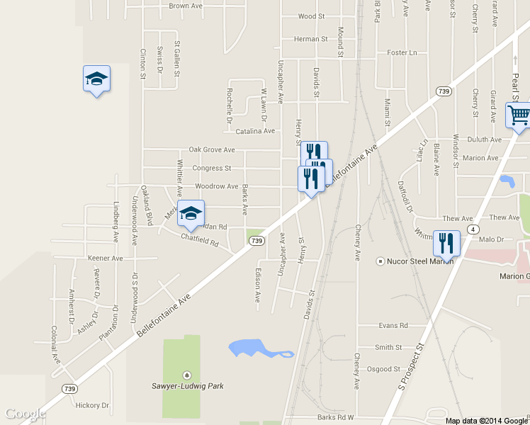 map of restaurants, bars, coffee shops, grocery stores, and more near 769 Merkle Ave in Marion