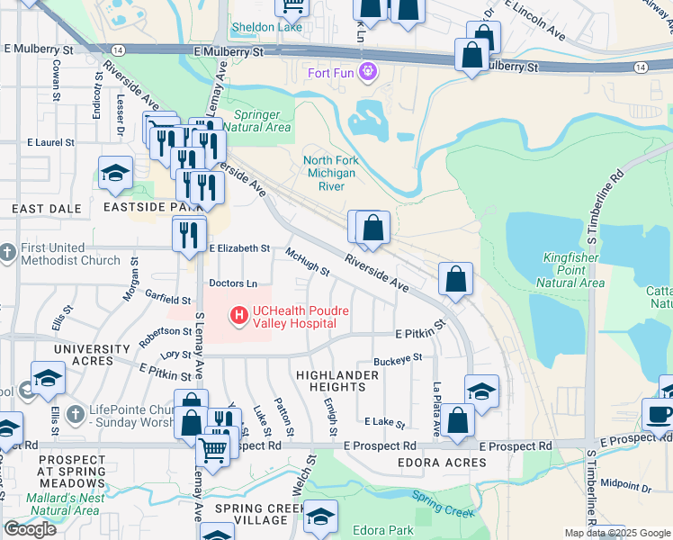 map of restaurants, bars, coffee shops, grocery stores, and more near 1355 Riverside Avenue in Fort Collins