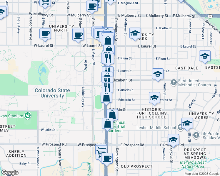 map of restaurants, bars, coffee shops, grocery stores, and more near 108 Garfield Street in Fort Collins