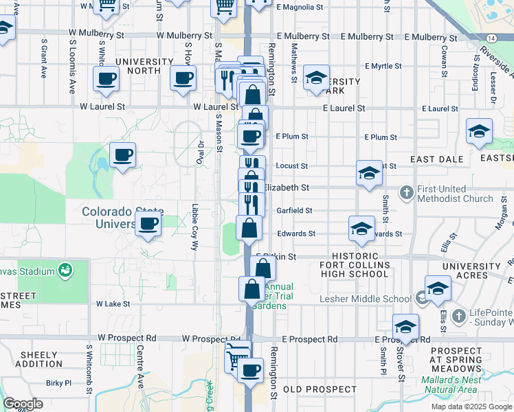 map of restaurants, bars, coffee shops, grocery stores, and more near 108 Garfield St in Fort Collins