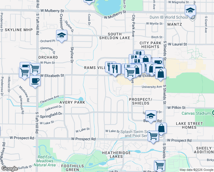 map of restaurants, bars, coffee shops, grocery stores, and more near 1121 South Bryan Avenue in Fort Collins