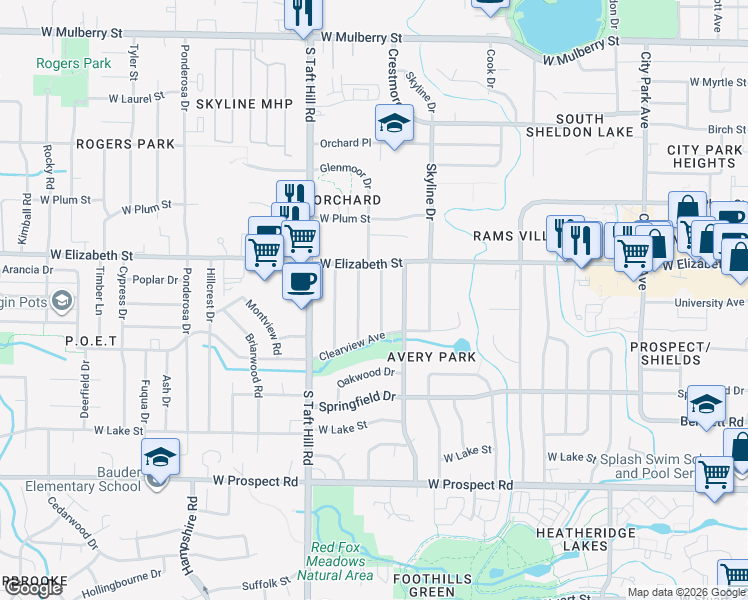 map of restaurants, bars, coffee shops, grocery stores, and more near 1020 Glenmoor Drive in Fort Collins