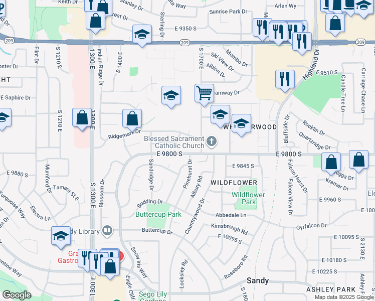 map of restaurants, bars, coffee shops, grocery stores, and more near 1677 East 9800 South in Sandy