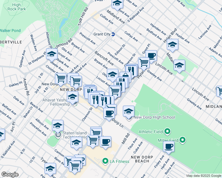 map of restaurants, bars, coffee shops, grocery stores, and more near 290 Locust Avenue in Staten Island
