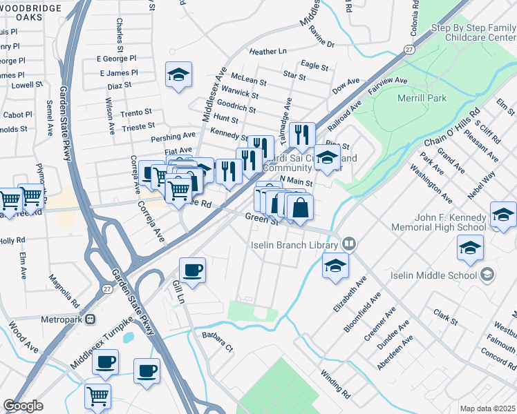 map of restaurants, bars, coffee shops, grocery stores, and more near 1222 Green Street in Woodbridge Township